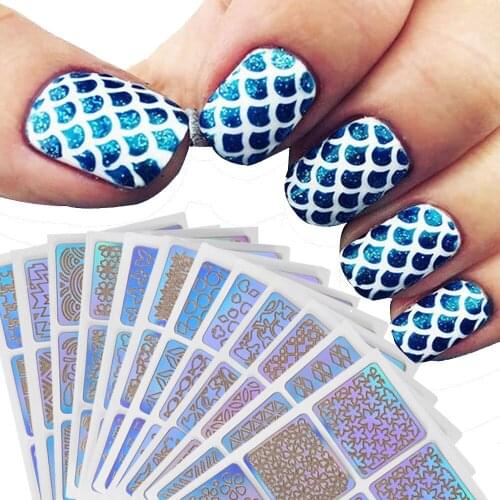 12 Sheets Nail Hollow Irregular Grid Stencil Reusable Manicure Stickers Stamping Template Nail Art Decorations Beauty Tools