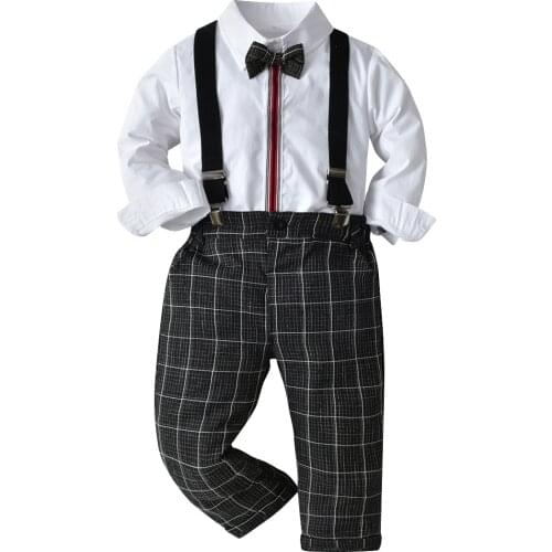 Boys Clothes Kids Long Sleeve Suit Set Cotton Shirt + Plaid Pants 4 PCS Set 2021 Fall Formal Children Costume Fashion Kits