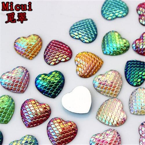 50pcs 12mm AB Color Heart Resin Rhinestone Fish Scale Flatback Crystal Stones Gems For Clothing Crafts Decorations DIY MC650