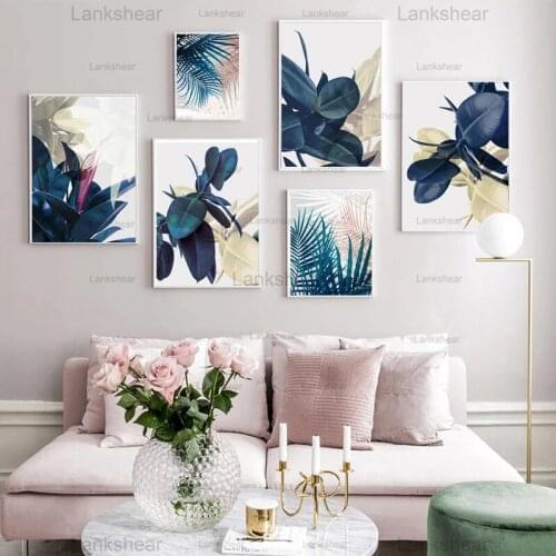 Abstract Yellow Blue Red Leaf Poster Plant Canvas Painting Palm Leaves Hd Posters and Prints Pictures for Living Room Decoration