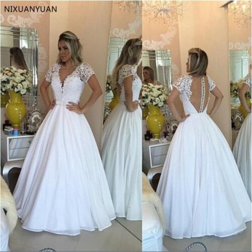 White Lace Pearls A-line Wedding Dresses 2021 Short Sleeves Sheer Back Wedding Dresses Formal Dress Robe De Soiree Abendkleider