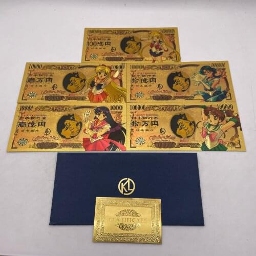 More 5 Designs Sailor-Moon Tsukino-Usagi Japanese Classic Anime 10000 Yen Gold Banknote for Childhood Memory Collection