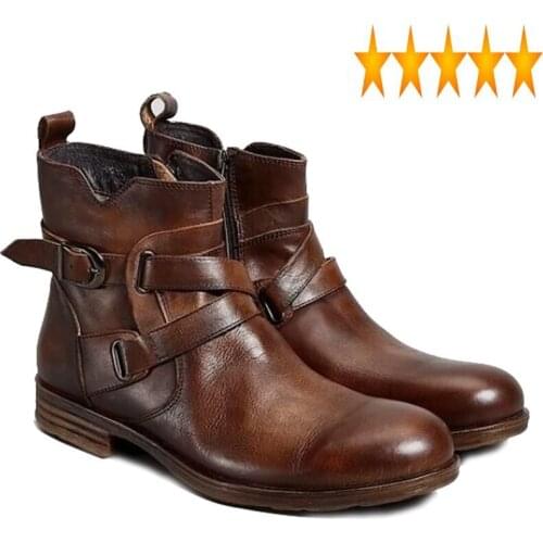 Genuine Retro Side Leather Zip Ankle Boots Men Luxury Brand Black Brown Round Toe Motorcycle Boot Business Casual Buckle Booties
