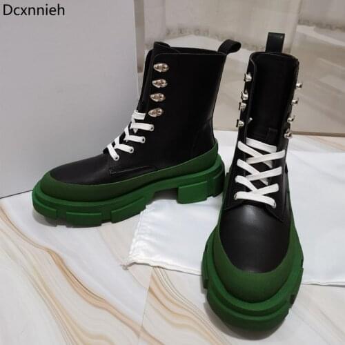 New Platform mixed colors martin boots Women thick sole real leather rivet lace up ankle botas Handsome motorcycle boots Mujer