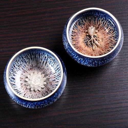 8 Style Jingdezhen Tea Cup Porcelain Inlaid with Silver Tea Cup Silver Fish Master Cup Kung Fu Tea Set