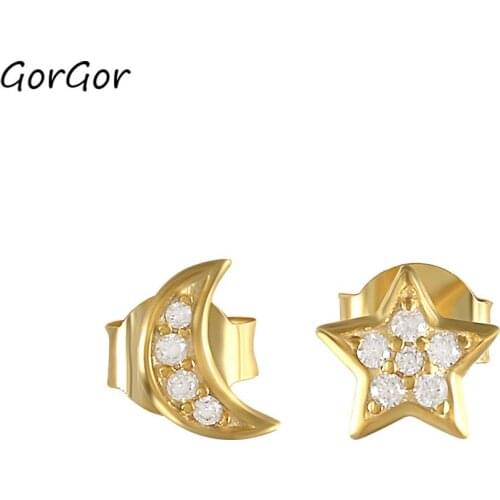 GorGor Stud Earrings Women 925 Sterling Pattern Star with Moon Asymmetry Individuality Smart Anniversary Jewelry 60202220790