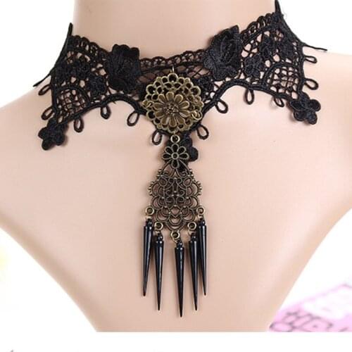 Gothic Charm Necklaces For Woman Steampunk Style Sexy Black Lace Retro Necklace Long Tassel Link Chain Statement Choker Jewelry