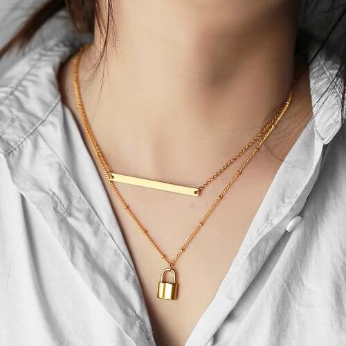 ID Bar Lock Pendant Choker Necklace for Women 1.5mm Layered Gold Color Stainless Steel Link Chain Personalized Jewelry LDNM33