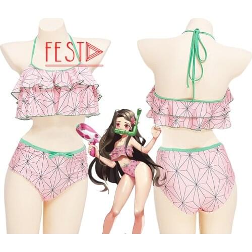 Anime Demon Slayer Kamado Nezuko Cosplay Costume with Hairpin Woman Bikini Sexy Beach Swimsuit Set Swimwear Bathing Suit Girl