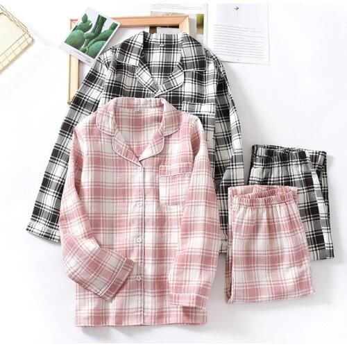 Summer Lovers 100% Cotton Pajamas Double Layer Gauze Pijamas Women Long Sleeve Thin Sleepwear Men Plaid Loungewear Two Piece