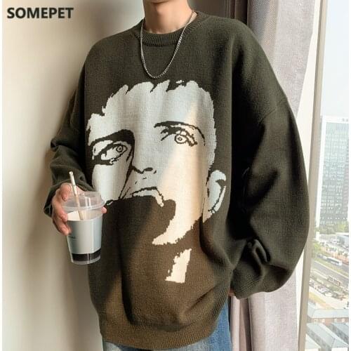 2020 Mens harajuku streetwear sweater men figure face print crewnecks shirts oversize Korean clothes autumn hip hop men