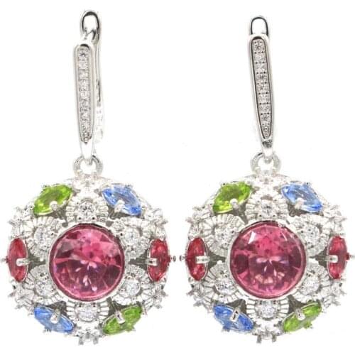 35x21mm SheCrown Lovely Heart Shape 10g Created Pink Tourmaline Bright Zircon Gift For Ladies Silver Earrings