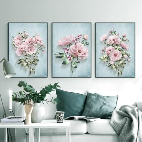 Nordic Green Plants Hand Painted Roses Canvas Painting Flower Posters and Prints Wall Art Picture Living Room Home Decoration