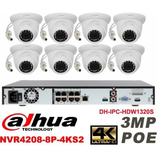 Dahua original 8CH 3MP H2.64 DH-IPC-HDW1320S 8pcs CCTV Network camera POE DAHUA DHI-NVR4208-8P-4KS2 Dome IP security camera kit