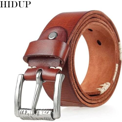 HIDUP Top Quality 100% Pure Cowhide Belt Retro Model Alloy Pin Buckle Cow Genuine Leather Belts Jeans Accessories for Men NWJ299