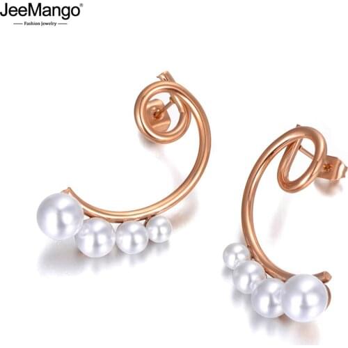 JeeMango Trendy Stainless Steel Geometric Irregular White Pearl Earrings Rose Gold Bohemia Party Earrings For Women Girl JE20065