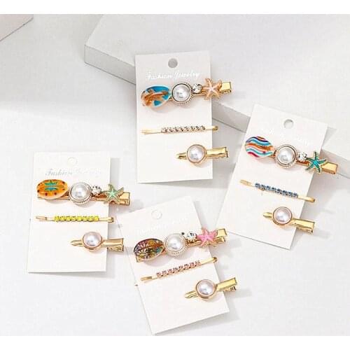 Timlee H012 Sweet Cute Starfish Shell Conch Imitation Pearl Alloy Barrettes Hair Clip Set Hair Accessory Wholesale
