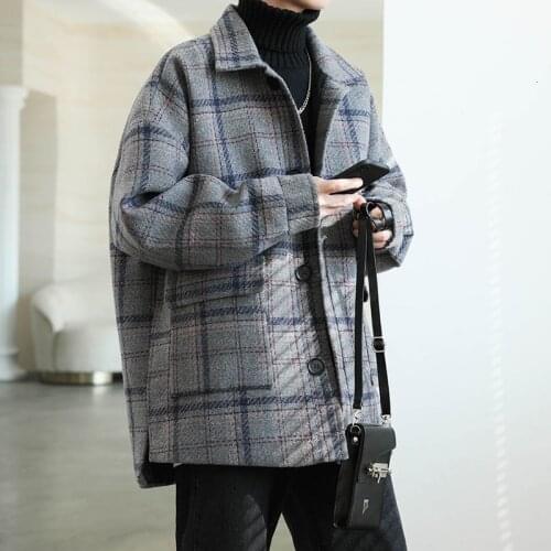 Warm Black Coat Windbreaker 2021 Winter New Mens Woolen Coat Plaid Printed Korean Streetwear Woman Fashion