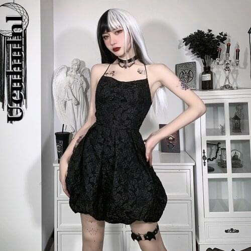 Ucuhulnl Vintage Sexy Backless Black Dress Pastel Goth High Waist A Line Dresses Women Gothic Party Outfits Summer Dress 2021