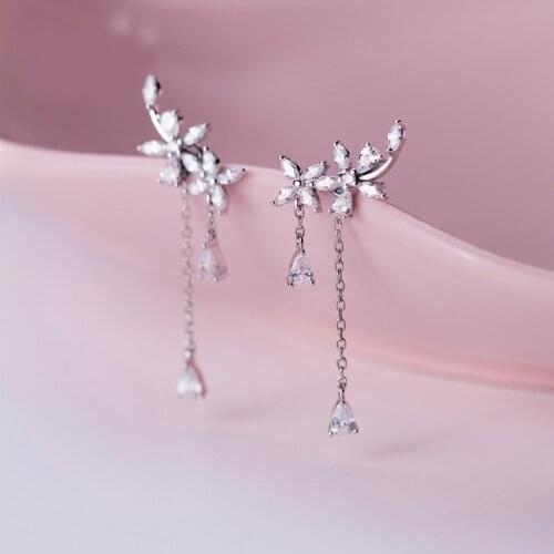 Floral Drop Korean Earrings for Women Wedding Flower Tassel Dangle Earrings, Crystal Zircon Bridesmaid Jewelry Gift