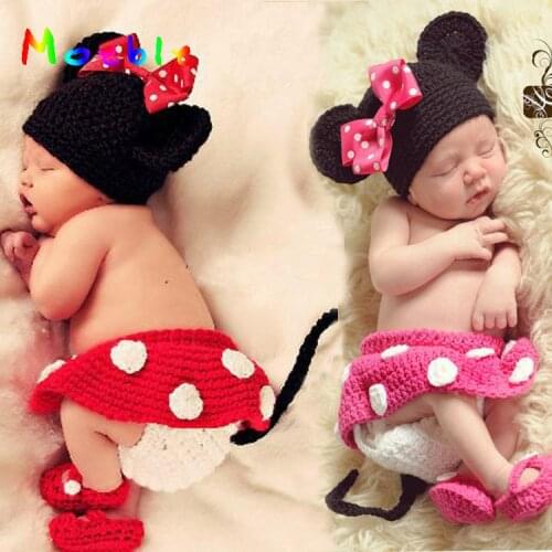 Crochet Baby Girls Minnie Photo Props Baby Crochet Cartoon Hat Skirt Pants Shoes Sets Infant Baby Cartoon Outfits MZS-14109