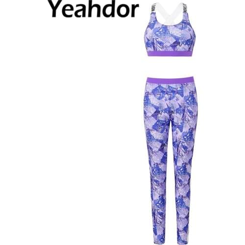 2021 Women Summer Sportwear Dancewear Geometric Printed Sports Gym Yoga Outfit Cross Back Cropped Tank Top with Leggings Set