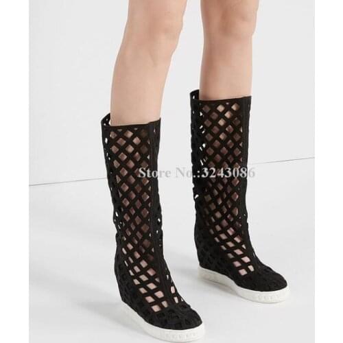 Woman 8cm Increased Heel Wedge Knee High Sandals Boots New Hollow Out Net Long Boots Lady Popular Platform Sandals Dropship