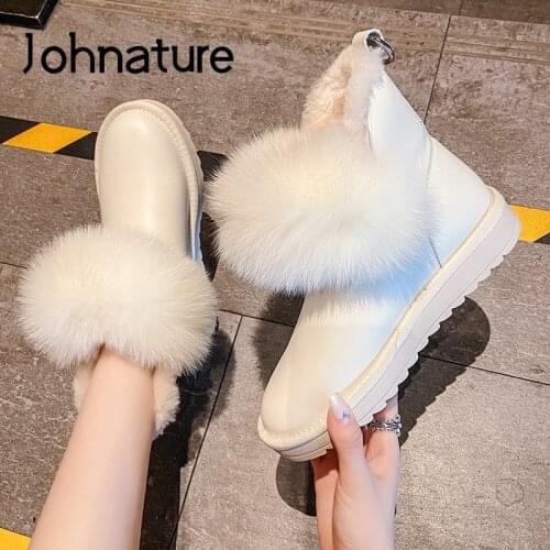 Johnature 2020 New Winter Wool Snow Boots Genuine Leather Warm Women Shoes Round Toe Flat With Sewing Ankle Platform Boots