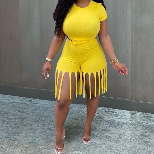 2021 Fashion 2 Piece Set Women Sport Outfit Summer Casual Suit Short Sleeve Crop Top+Skinny Tassel Shorts Streetwear Sportswear