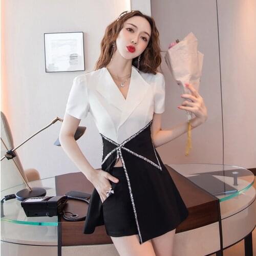 Vintage Short Sleeve Top Casual Women OL Black Straight Shorts Black White Splice Turn-down Collar Shirt Blouse 2 Pieces Set