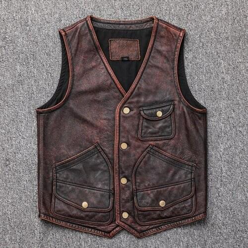 2021 New Genuine leather vest mens short motorcycle vest top layer cowhide retro style distressed leather vest