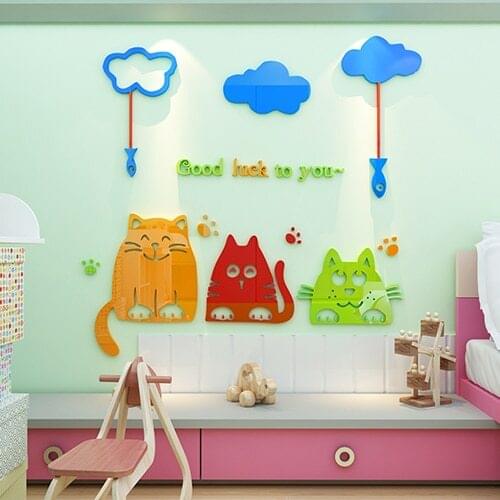 Lucky cat 3D Acrylic mirror Wall Stickers For kids room Children bedroom Cartoon animal wall stickers Bedside lovely DIY Art