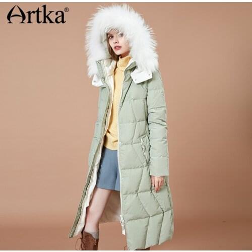 ARTKA 2018 New Women Long Thick Fur Collar Hooded 90% White Duck Down Winter Coat Warm Solid Outerwear YK10784D