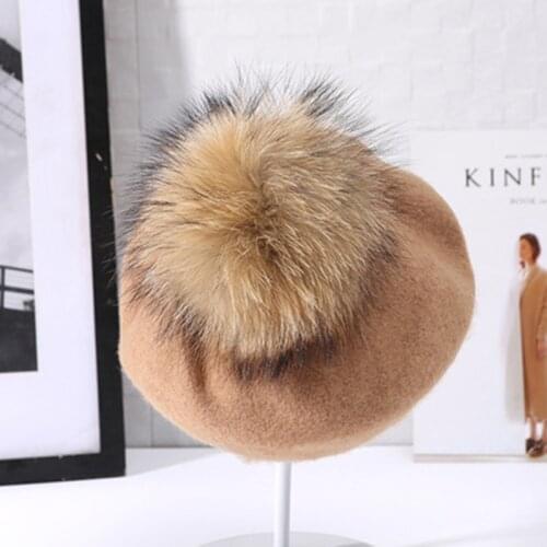 Autumn Winter Womens Warm 100% real wool Berets ball Natural Raccoon Fur Pompom beret Hats winter Hat For Women