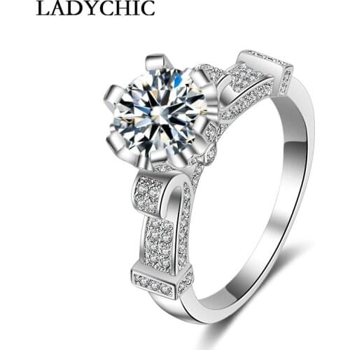 LADYCHIC Luxury White Gold Color Rings for Women, Clear Zircon Flower Shape Elegance Finger Ring Gift for Female Jewelry LR1017