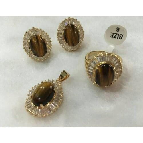 Nicest noble 10*14mm red tiger eye jade earrings ring(#7-9) & pendant with free chain jewerly sets