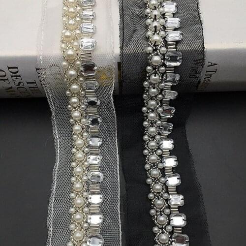 2 yards White Black Pearl Beaded Trim 4CM Crystal Beads Lace Trimming for Sash, headband, Belt wedding decoration