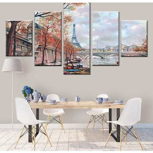 Decor Living Room Wall Printed Artworks Landscape Frame 5 Pieces Paris Tower Bridge Paintings Art Modular Pictures Canvas Poster