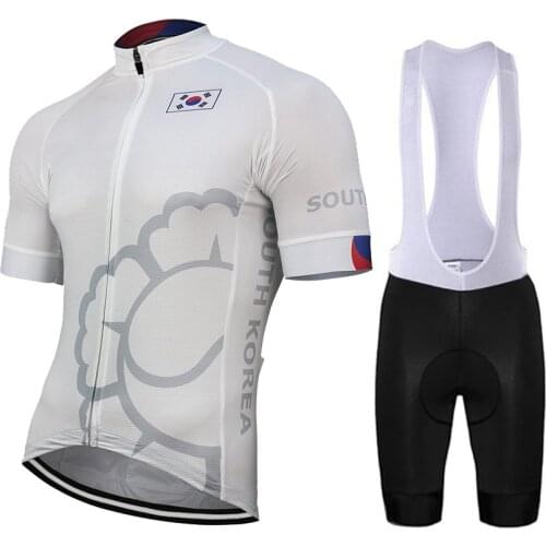 Korea 2020 Men New White Summer Outdoor Cycling Jersey Set Bike Road Mountain Race Tops Cycling Set Breathable 9d Gel