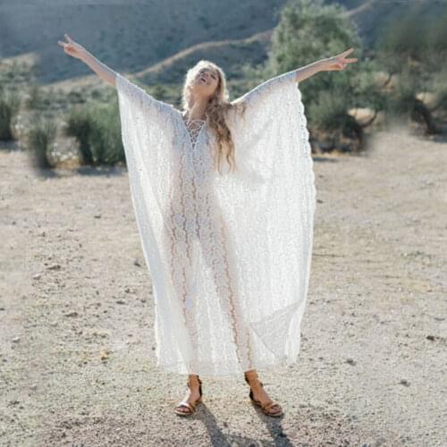 Summer White Lace Bohemian Dresses For Women 2021 Sexy Perspective Mesh Hollow Out Bat Sleeve Sundress Casual Lady Party Dress