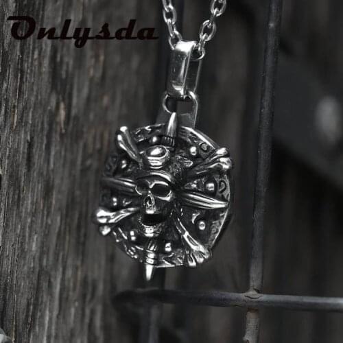 Onlysda Stainless Steel Pirate Skull Pendant Necklace Retro Gothic Jewelry Choker Pendant Chain Skeleton Trendy OSDZ136