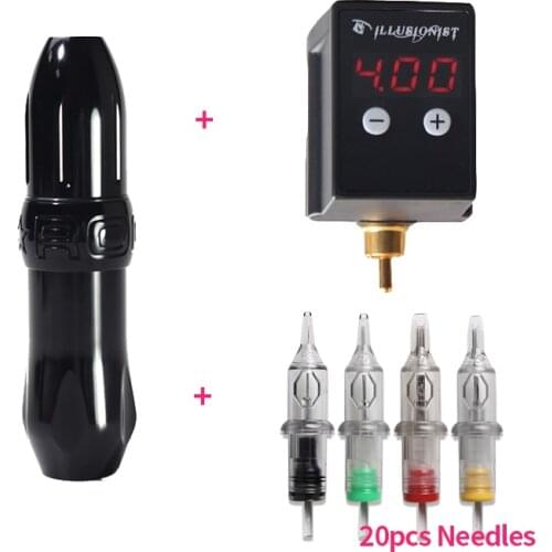 Professional Permanent Rocket Rotary Tattoo Machine with Wireless Mini Tattoo Power RCA Connector Mix 20pcs Cartridge Needles