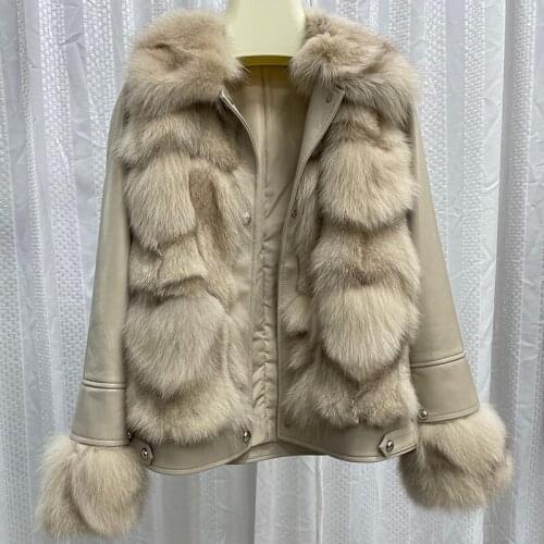Rf21105 2021 Winter Womens Real Fox Fur Jacket with Genuine Sheep Leather Sleeve