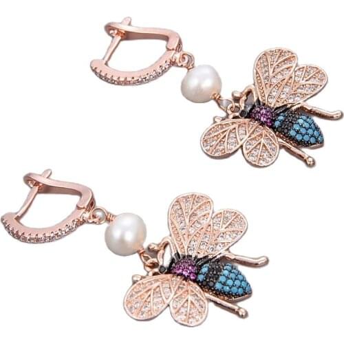 JK Natural White Pearl Rose Gold Plated CZ Pave Bees Earrings