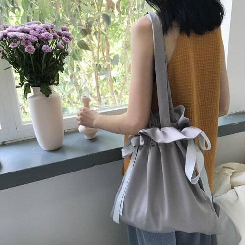 INS Drawstring Shoulder Bag Smooth Satin Tote Soft Bucket Bag Summer Girl Style Solid Color Bag 2020