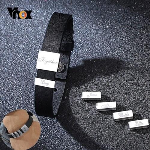 Vnox Personalized Names Bracelets Black Leather Mens Bangle Unique Meaningful Family To Dad Husband Gift Gents Jewelry