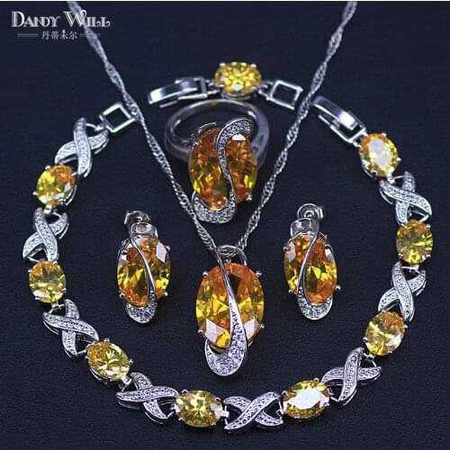 Big Oval Silver Color Jewelry Sets Sparkling Yellow Pendant Necklace Earring Bracelet Ring Fashion crystal Jewelry