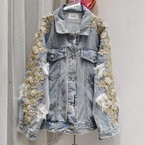 Jastie Bohemian Style Denim Jacket Feather Embroidered Beading Women Outerwear Bomber Jacket Loose Spring Autumn 2021 New Top