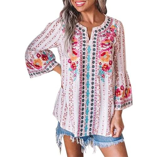 Oversized Top Women Clothing T Shirt Casual Fashion Loose Tops Small V Neck Ethnic Printed Flared Sleeve Tops חולצות נשים לקיץ
