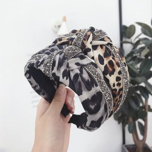 Women Leopard Headband Fashion Shiny rhinestones Dot Bezel Headdress Knotting Wide Side Hair Hoop Hair Accessories